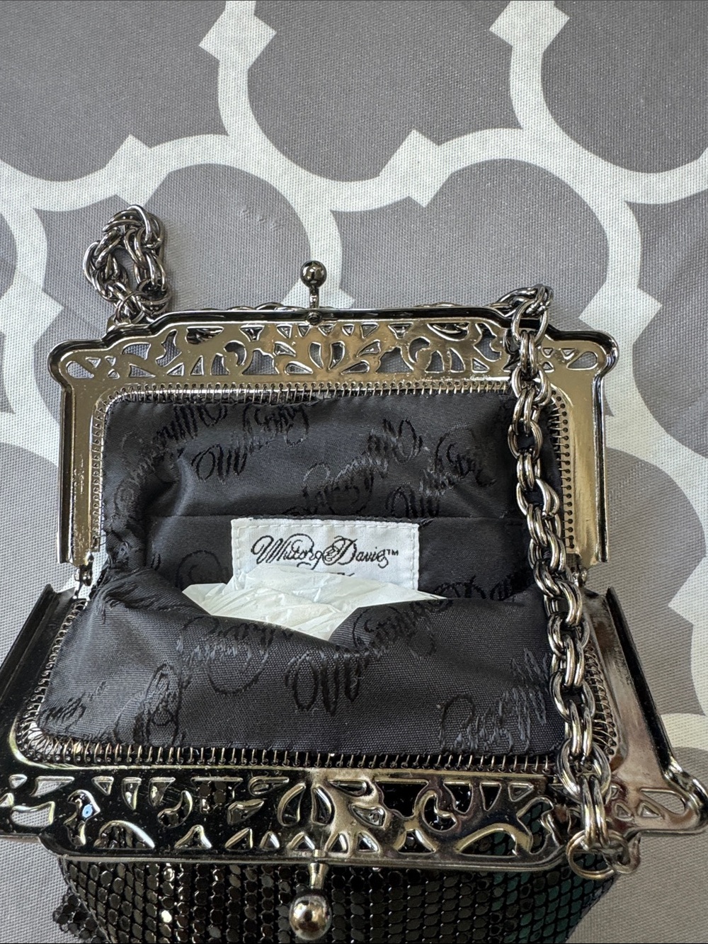 Whiting & Davis Silver Mesh Evening Wristlet with Filigree Frame
